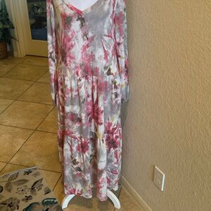 Sweet Lovely By Jen Size L Long Sleeve Babydoll Dress Gray Pink Tie Dye Comfy